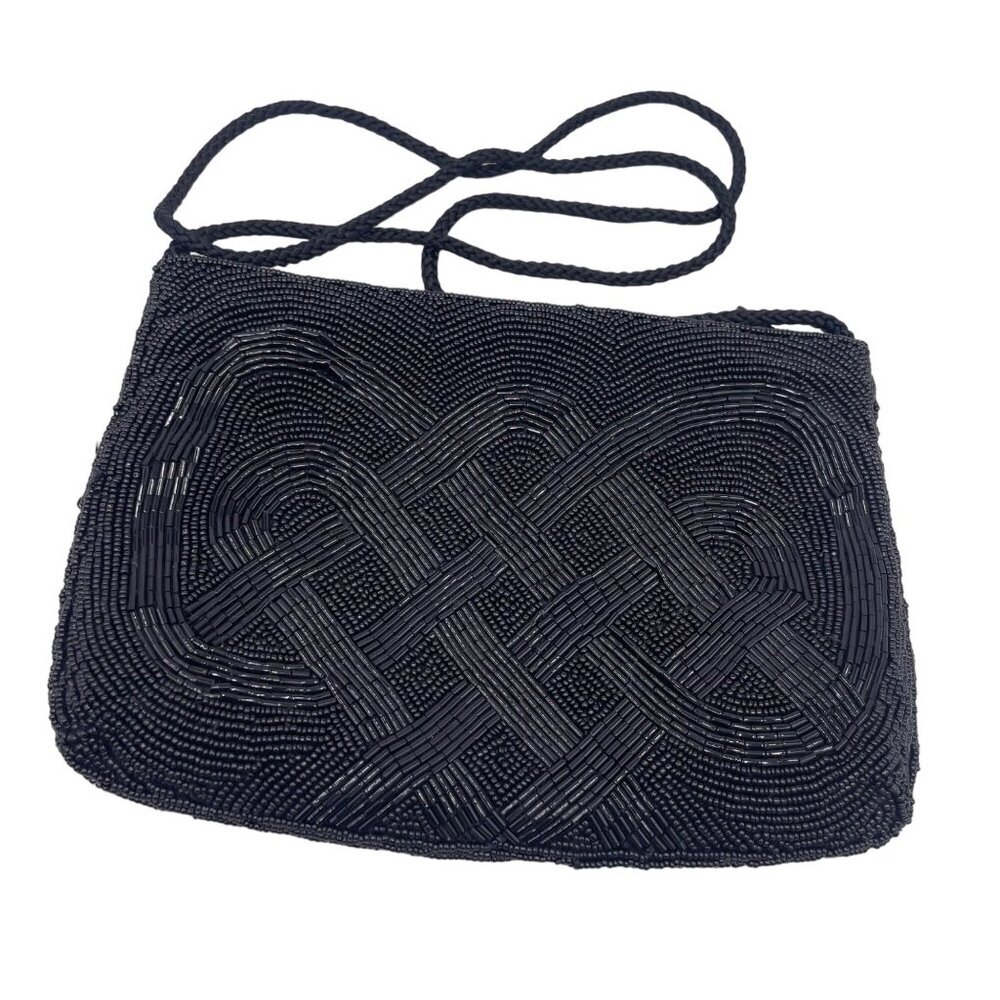 Vintage Jem? Black Beaded Evening Bag With Shoulder Strap